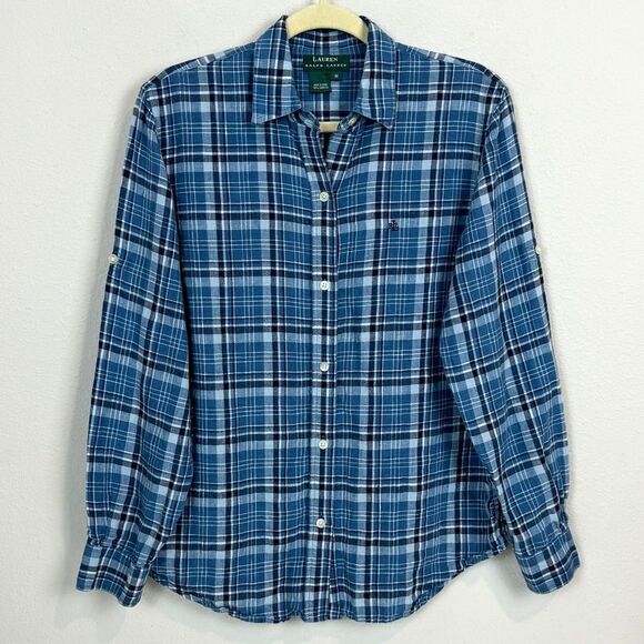 Lauren Ralph Lauren Blue Linen Plaid Shirt M - Picture 1 of 7
